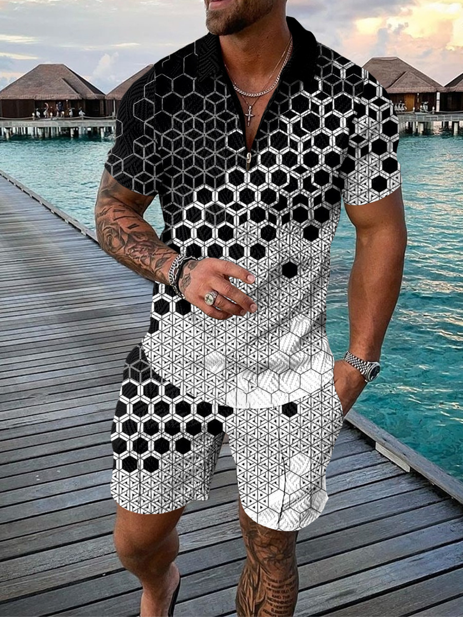 2026 New Men's Casual Sports Suit Summer Short Sleeve Polo Shirt Shorts Two Piece Set Color Block Print
