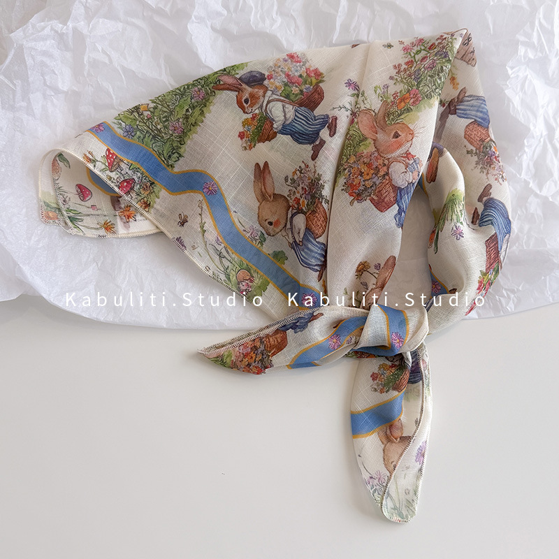 Silk scarf women's cotton linen small square scarf, sweet crushed flower headwrap sun protection decorative photo air-conditioned room shawl