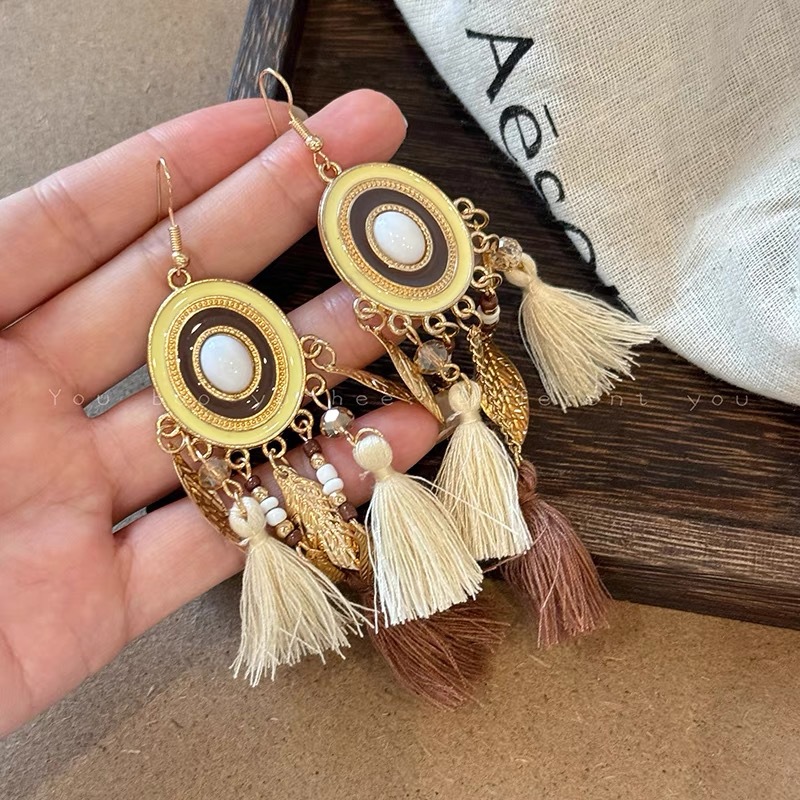 Bohemian bead tassel earrings niche exaggerated earrings ethnic style long earrings women