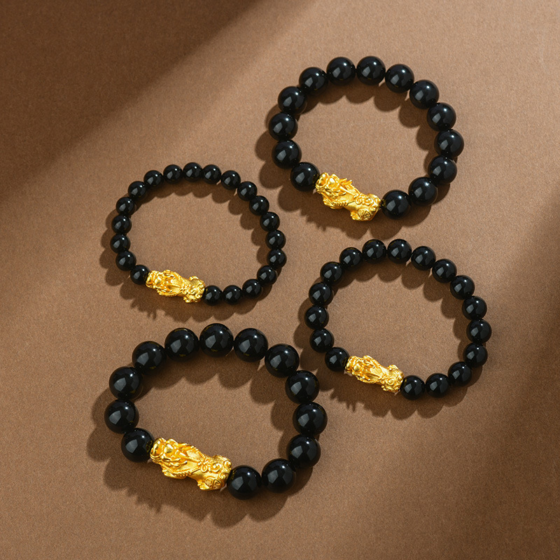 Natural Obsidian Sand Gold Pixiu Bracelet Money Beads Unisex Couple Bracelet Copper Plated Leather