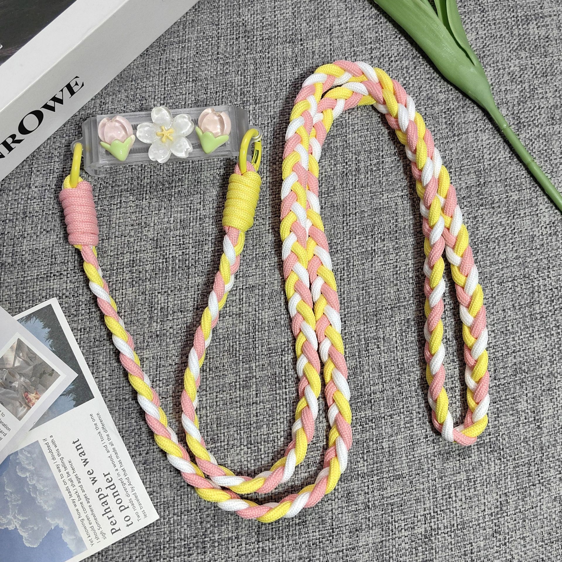 3D crystal flower back clip diagonal long rope Japanese and Korean girl back strap portable hanging ornament anti-loss accessory