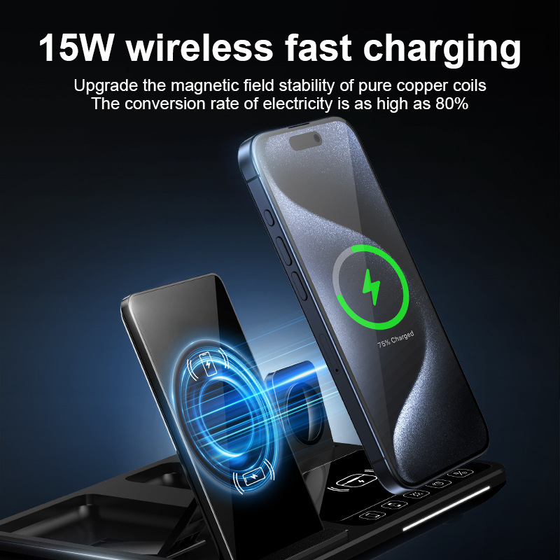 New 4-in-1 Wireless Fast Charger for Apple Phone Watch Earphone Auto Lift Foldable Clock Charger