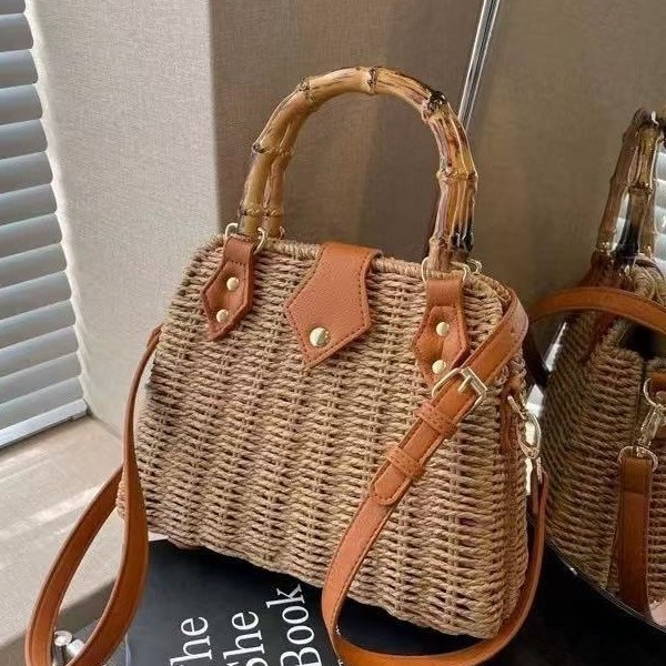 Pastoral style straw bag new shoulder hand two-use bamboo handle women's commuting woven bag