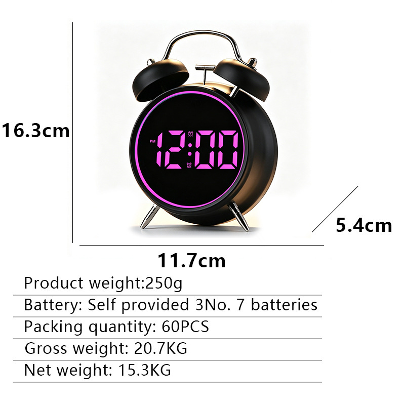 New bedroom electronic display ringing alarm clock super loud sound LED metal simple electronic clock