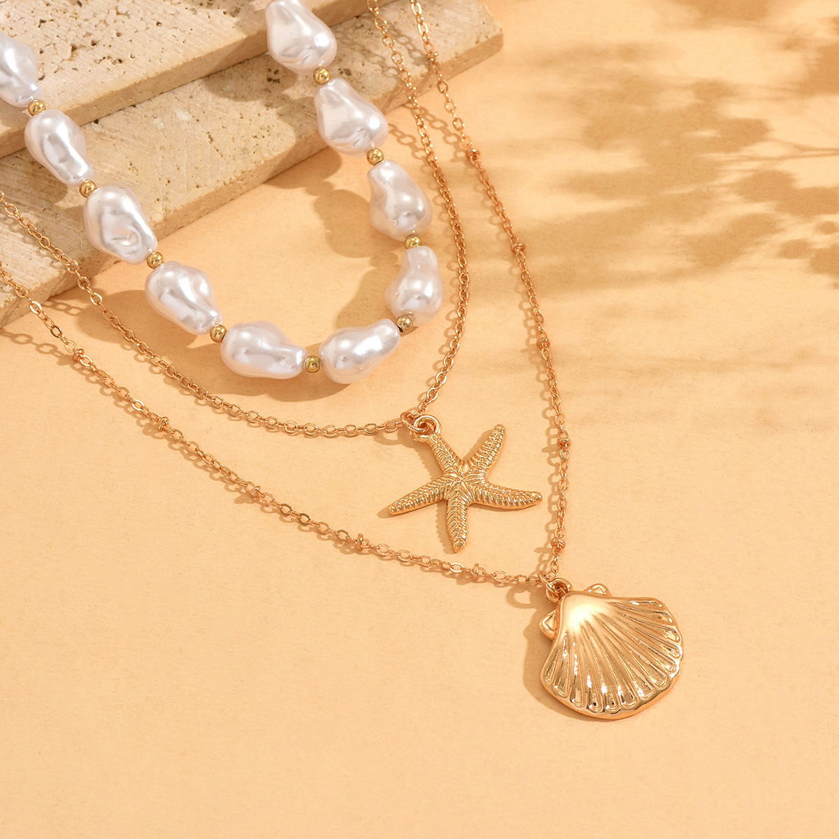 Accessories Simple Starfish Shell Pendant Necklace Vacation Style Pearl Bead Choker Necklace for Women