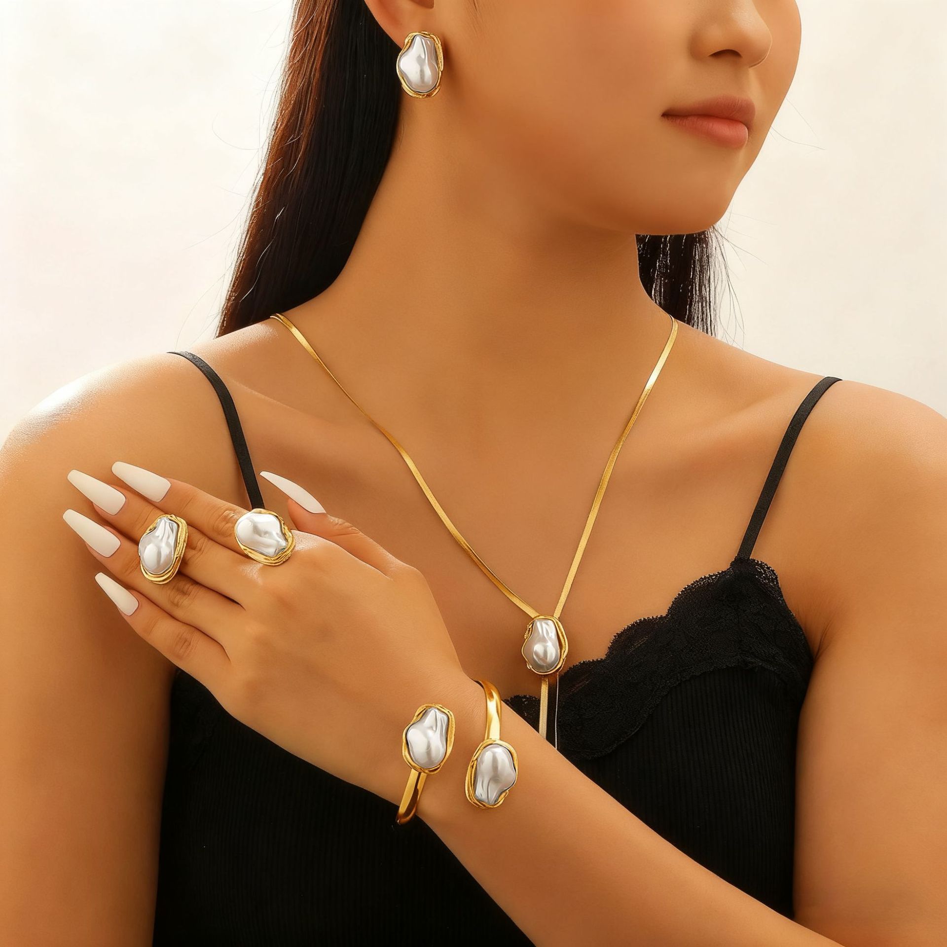 Baroque Irregular Pearl Set Jewelry Women Necklace Stud Earrings Bracelet Choker