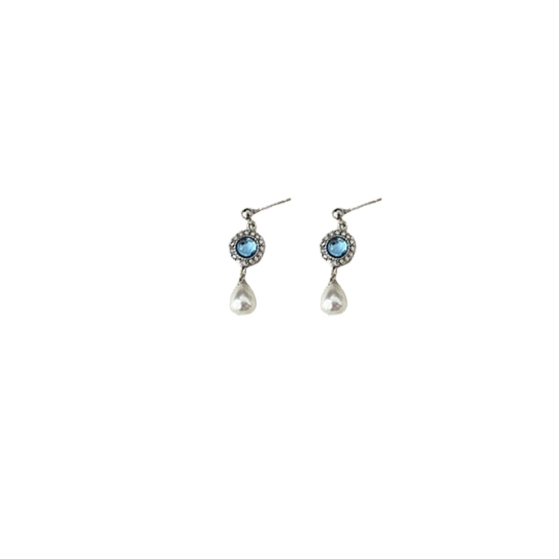 Aquamarine and Swarovski pearl necklace for women, niche collarbone chain, pearl silver needle earring and necklace set combination