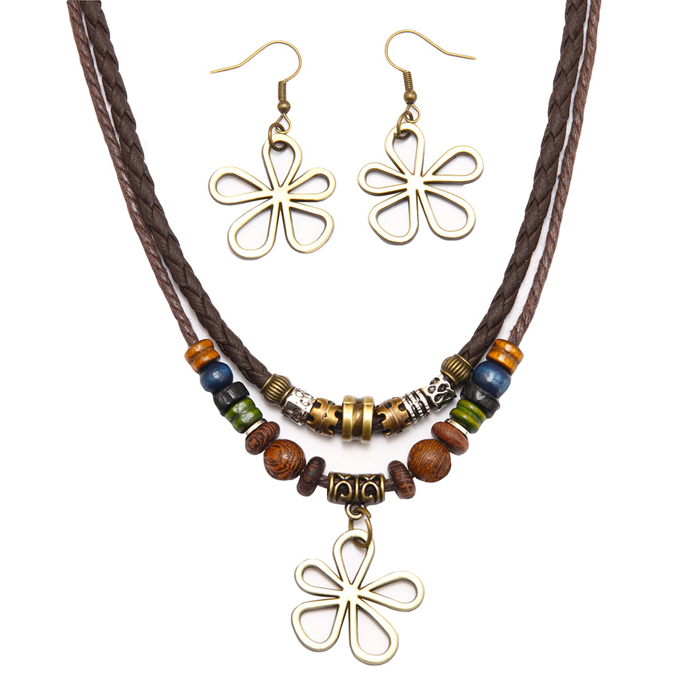 Five-leaf Clover Beaded Wax Rope Necklace Sweater Chain Earring Necklace Set
