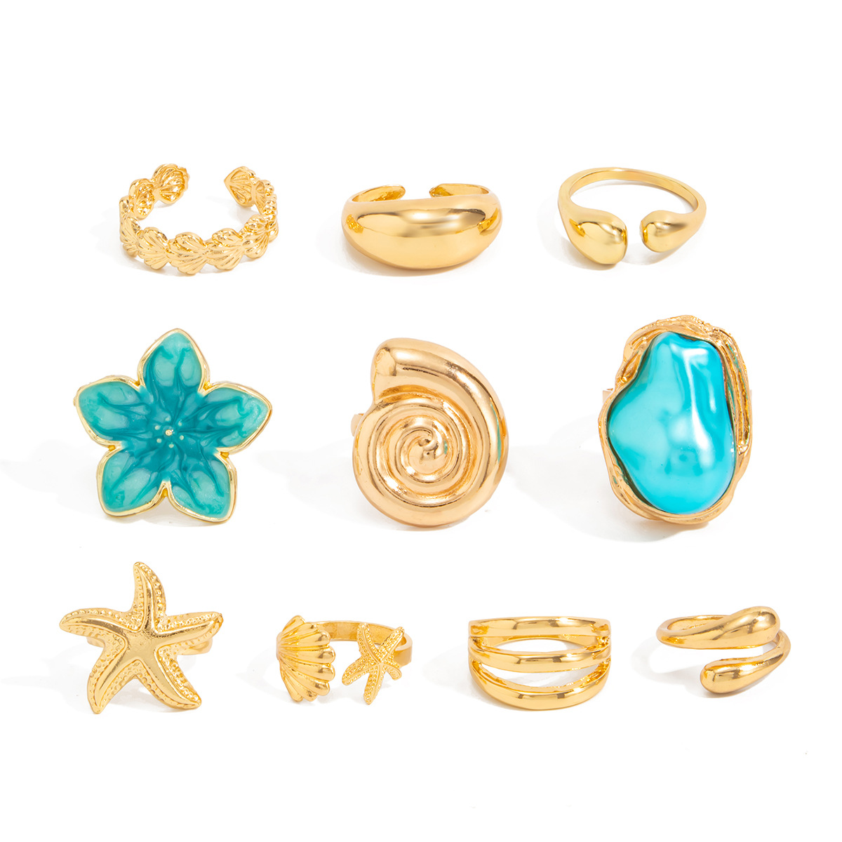 Jewelry vacation style starfish scallop open ring alloy flower ring set smooth surface