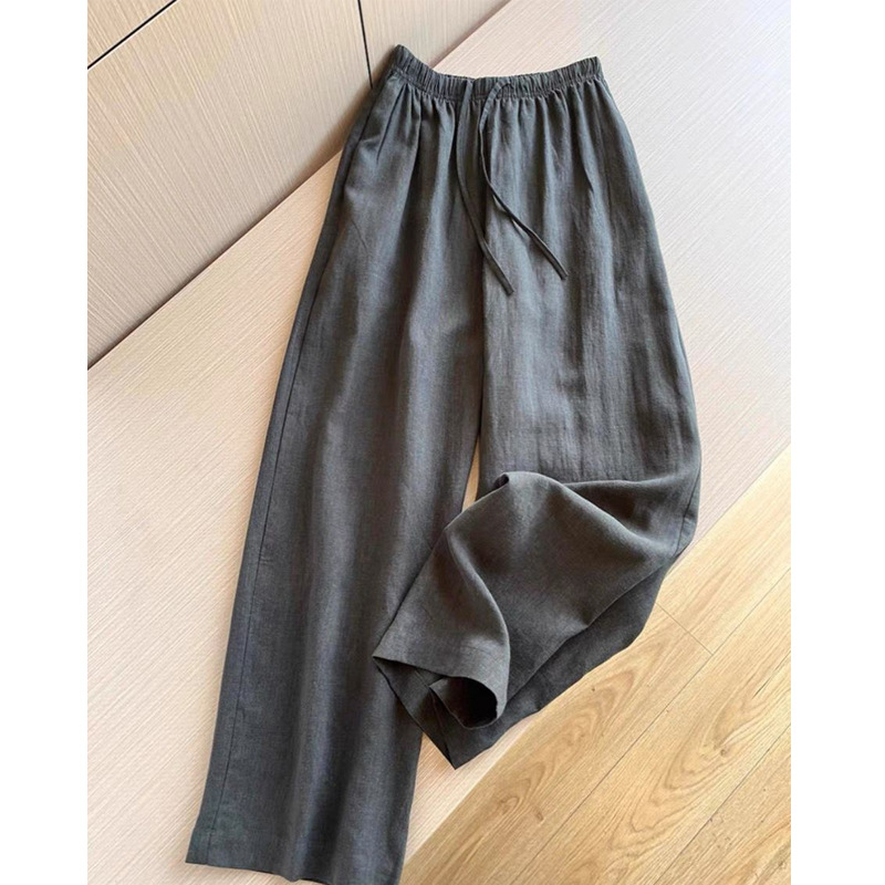 Super Hot! Old Money Relaxed Style~ Charcoal Black Elastic High-Waist Drawstring Linen Cotton-Linen Wide-Leg Pants