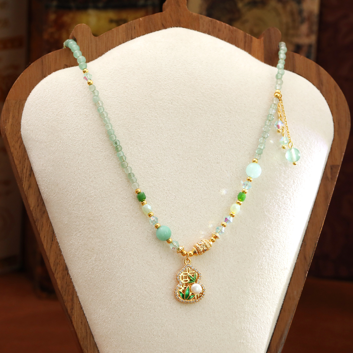New Chinese Style Gourd Jade Beaded Necklace Women National Style Collarbone Chain Accessories