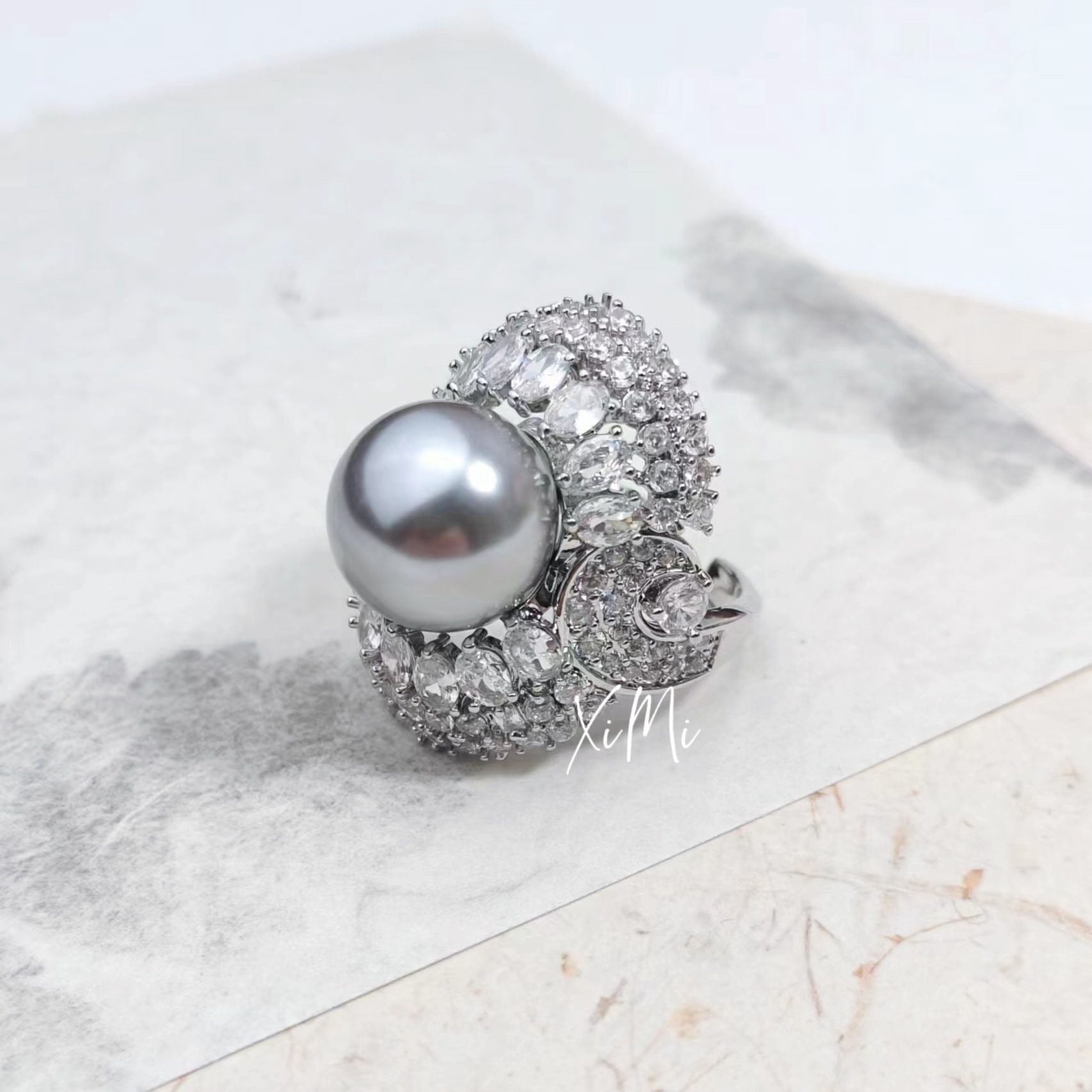 Women's Pearl Wrapped Open Ring Micro-Set Delicate Adjustable Ring