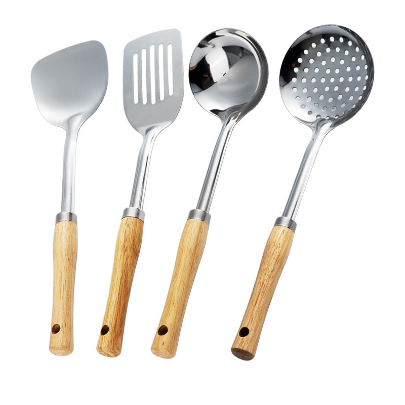 304 stainless steel spatula kitchenware set, high temperature resistant stir-fry spatula, home use, soup spoon, slotted spoon, wooden handle, kitchen supplies
