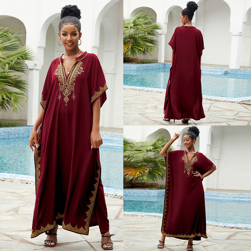 New Rayon Loose Plus Size Vacation Beach Cover Up Stand Collar Long Dress Women Bikini Cover Up Swimsuit Outer