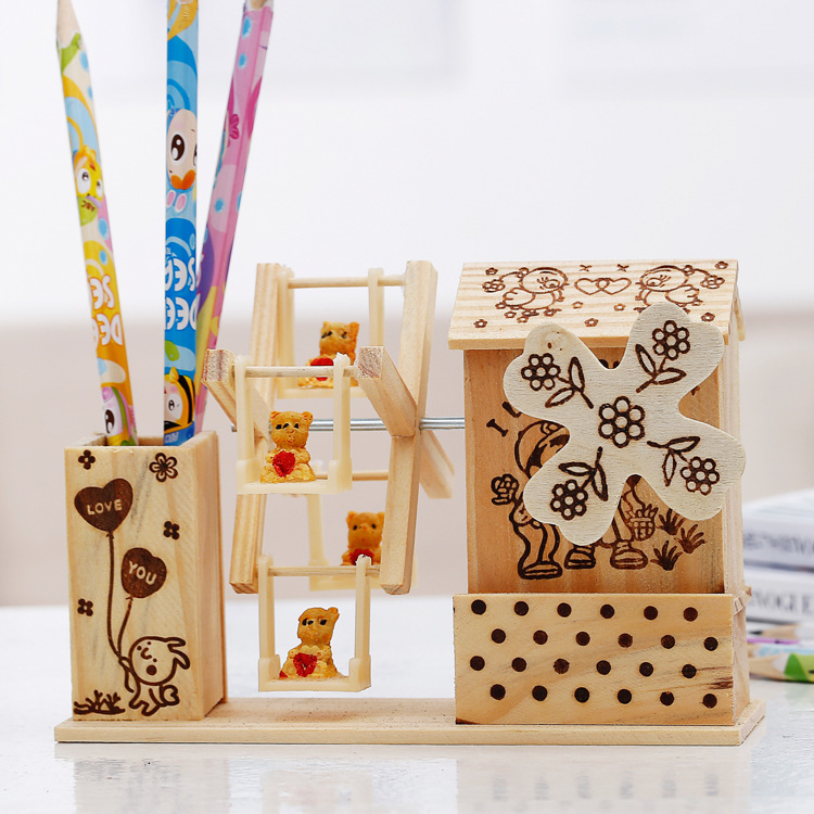 M1512 Wooden House Windmill Sailboat Rotating Music Box 60-273 Wooden Pen Holder Student Birthday Gift