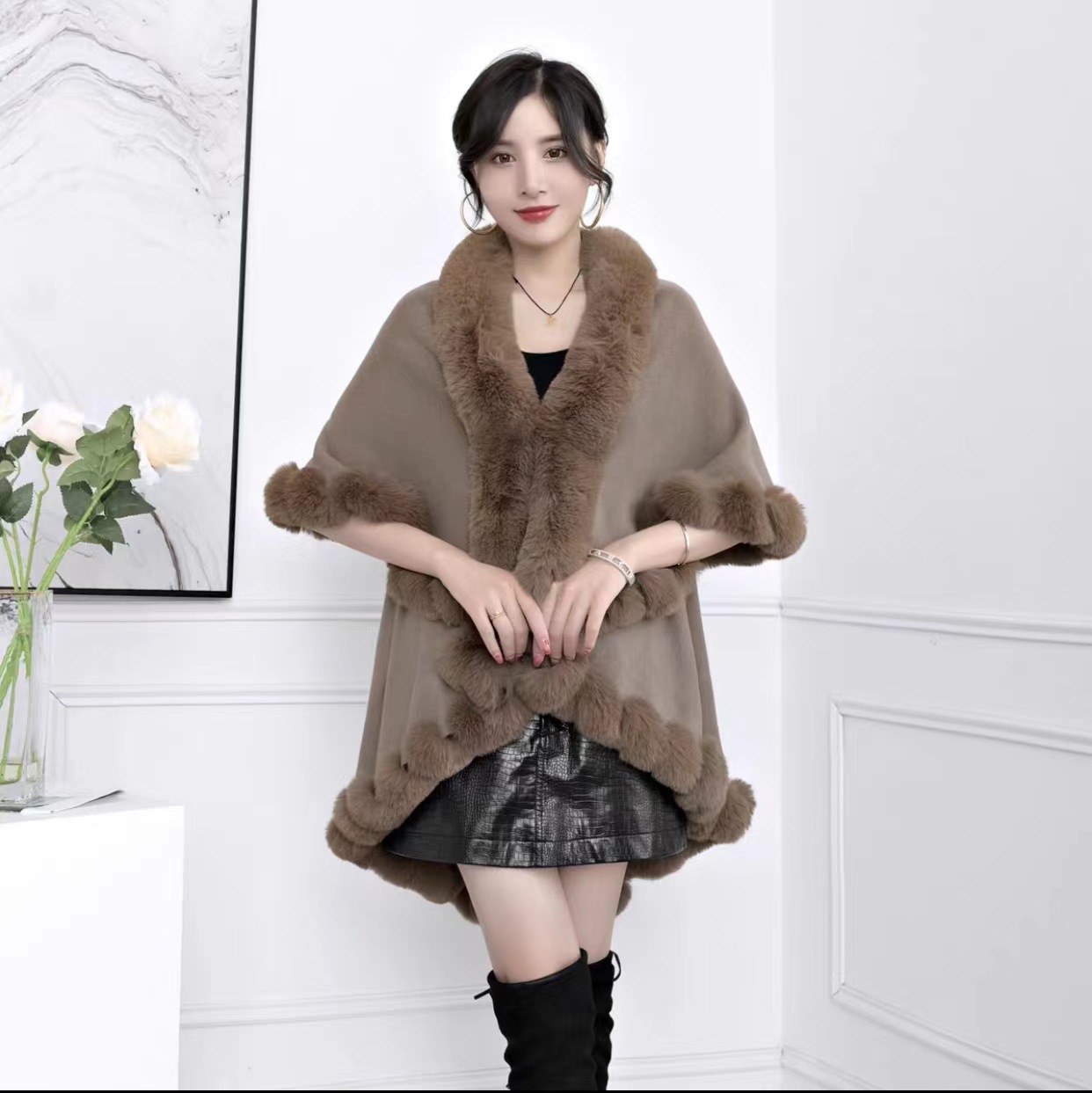 Live Supply Autumn Winter New Imitation Rex Rabbit Fur Collar Cape Shawl Plus Size Knitted Cardigan Loose Coat Women