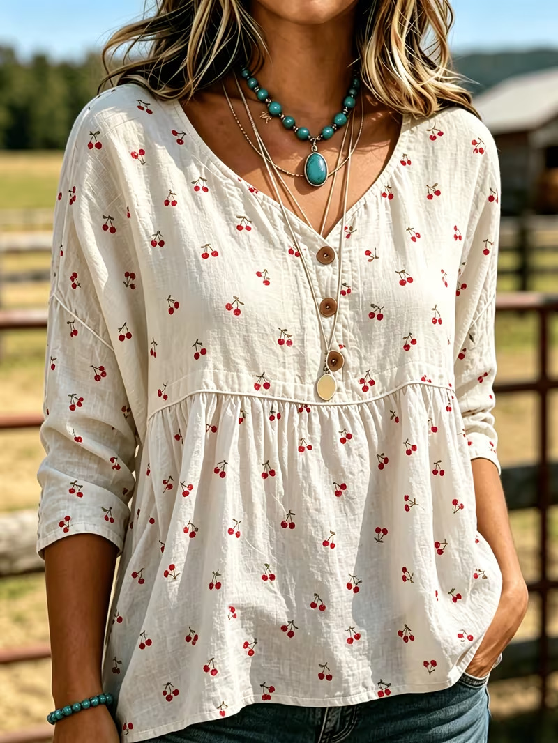 2026 Independent Station Summer Women's Button Ethnic Floral Print Three-Quarter Sleeve Shirt