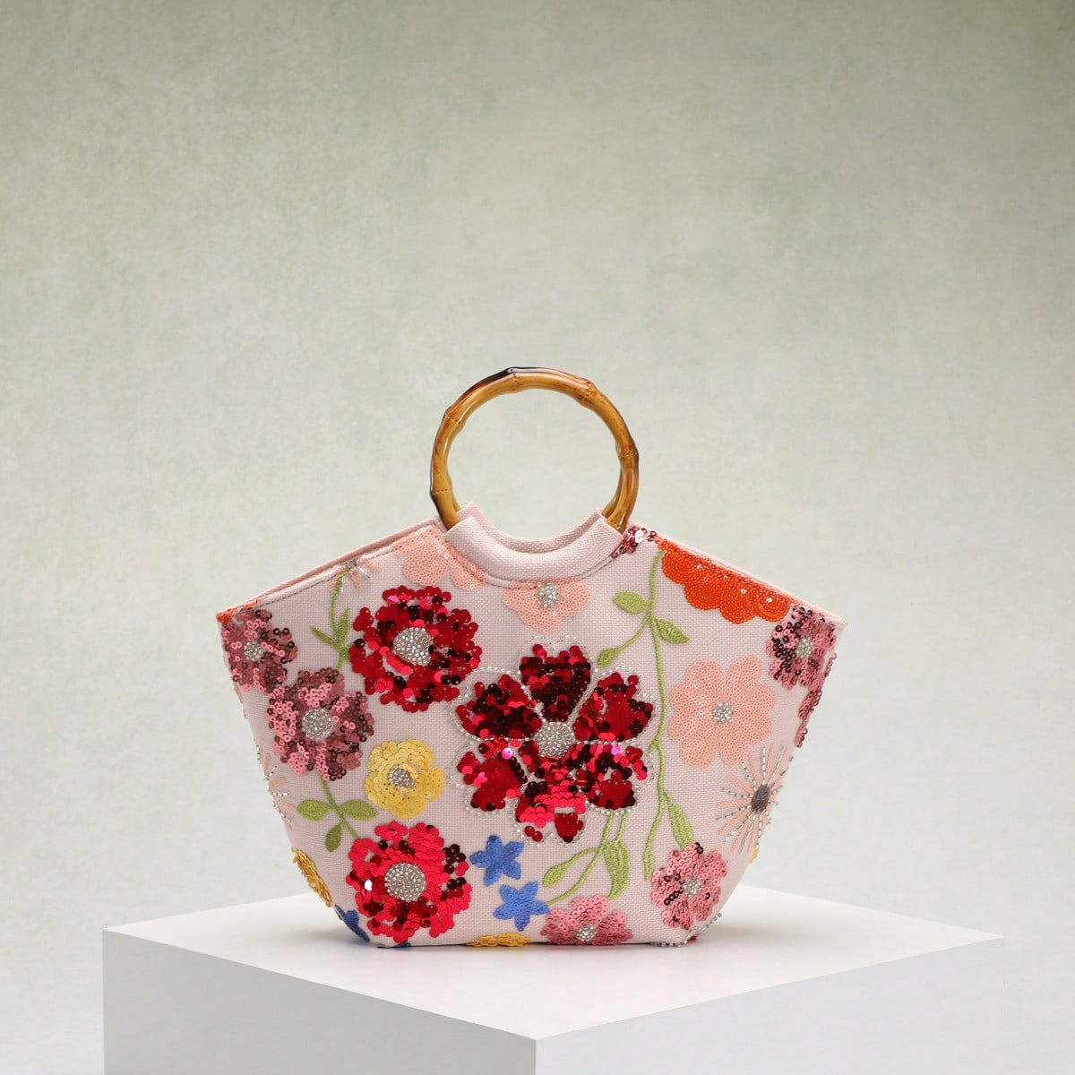 Seaside Vacation Style Bag Women's New Embroidery 3D Applique Sequins Flower Bamboo Knot Handle Bag Elegant Tote Bag