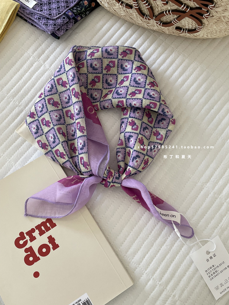 Skin-friendly soft cotton-linen breathable neck-protecting small square scarf, polka dot paisley headscarf, export Korean order neck scarf for women