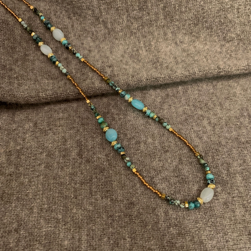 New Chinese style turquoise beaded necklace niche natural stone stacked beaded锁骨链 women