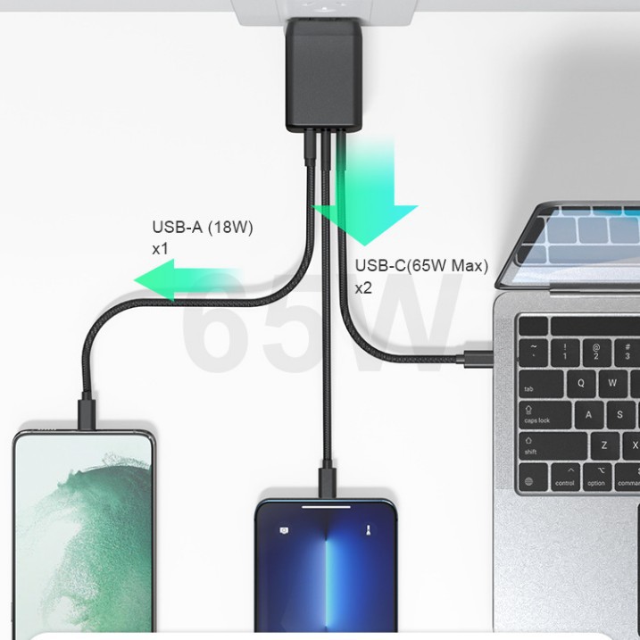 PD65W charger three-port GaN charging head foldable 2C1A mobile phone laptop fast charge 3C certified fast charge