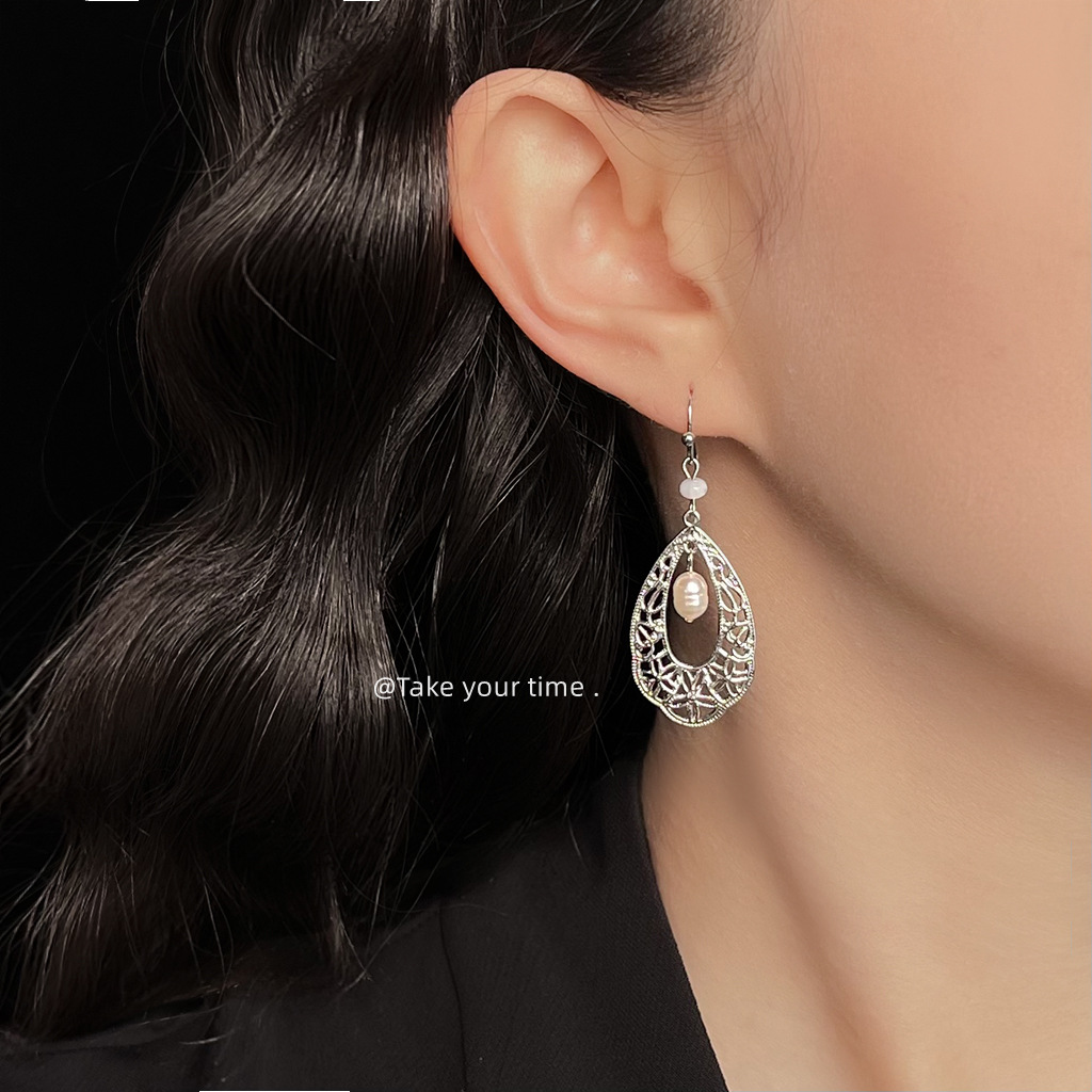 Freshwater pearl ethnic style handmade water drop hollow new earrings jewelry