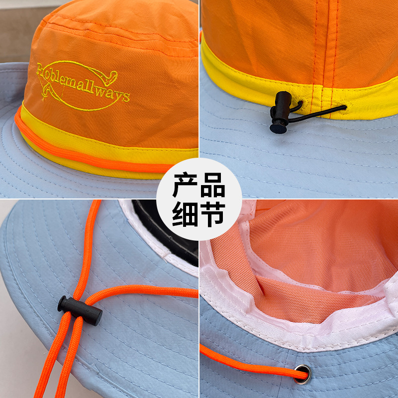 Summer New Outdoor Quick-Dry Hiking Hat for Women, Drawstring Sun Protection Fisherman Hat, Denim Hat, Face Slimming, Embroidered Basin Hat