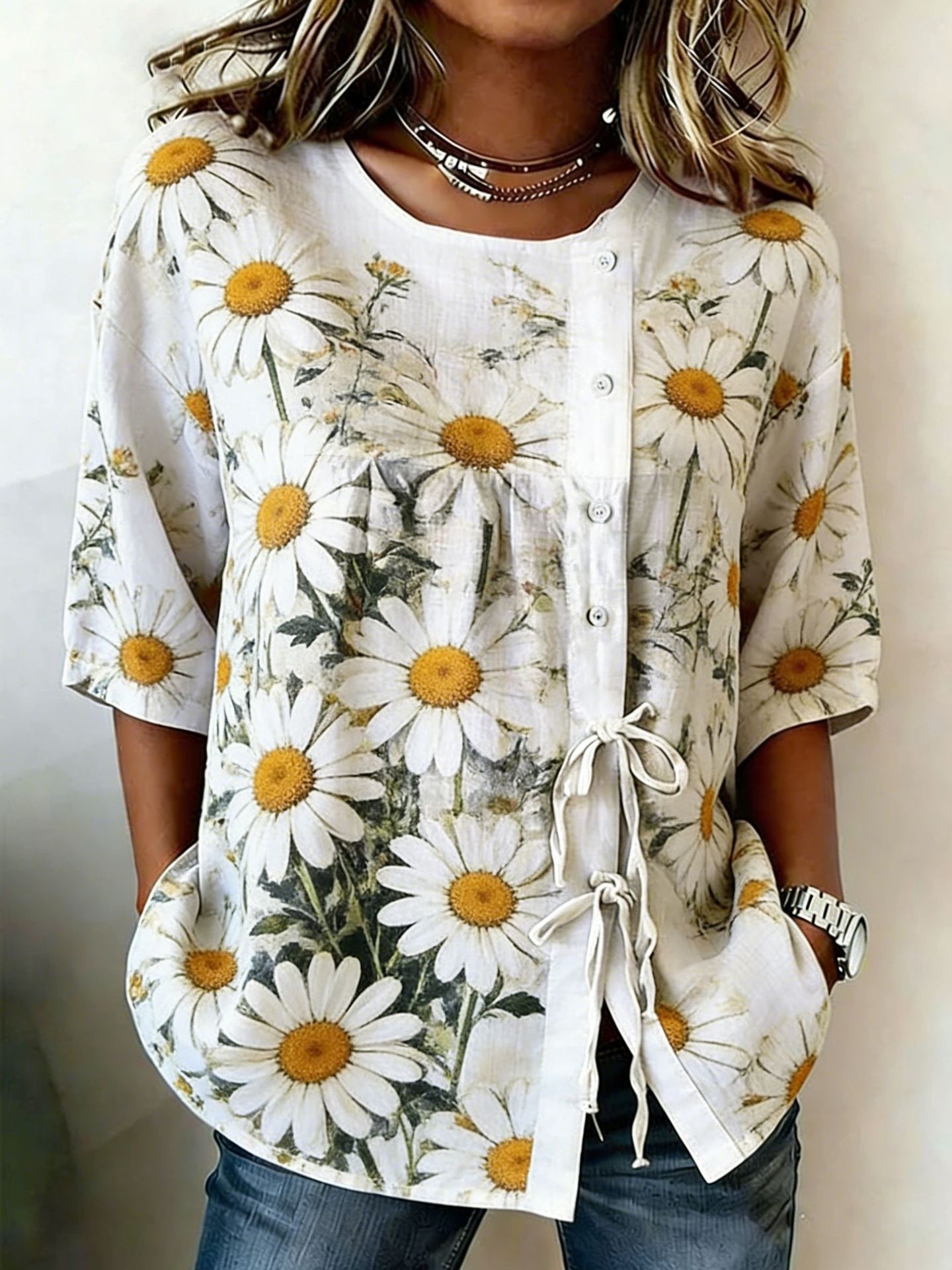 2026 New Style Printed Dandelion Loose Short Sleeve Blouse Women Tie Casual Top