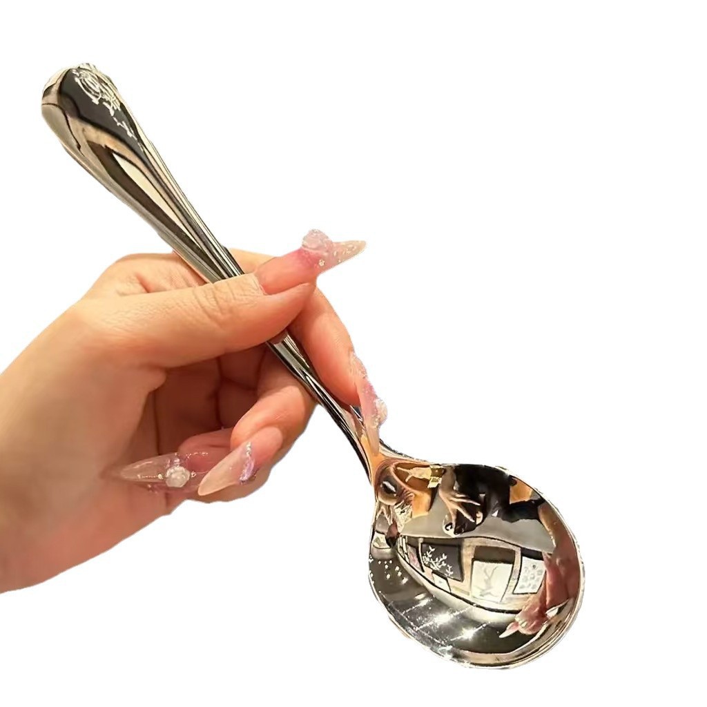 Stainless Steel Spoon Household Simple Cute Long Handle Round Spoon Eating Spoon Adult Soup Spoon