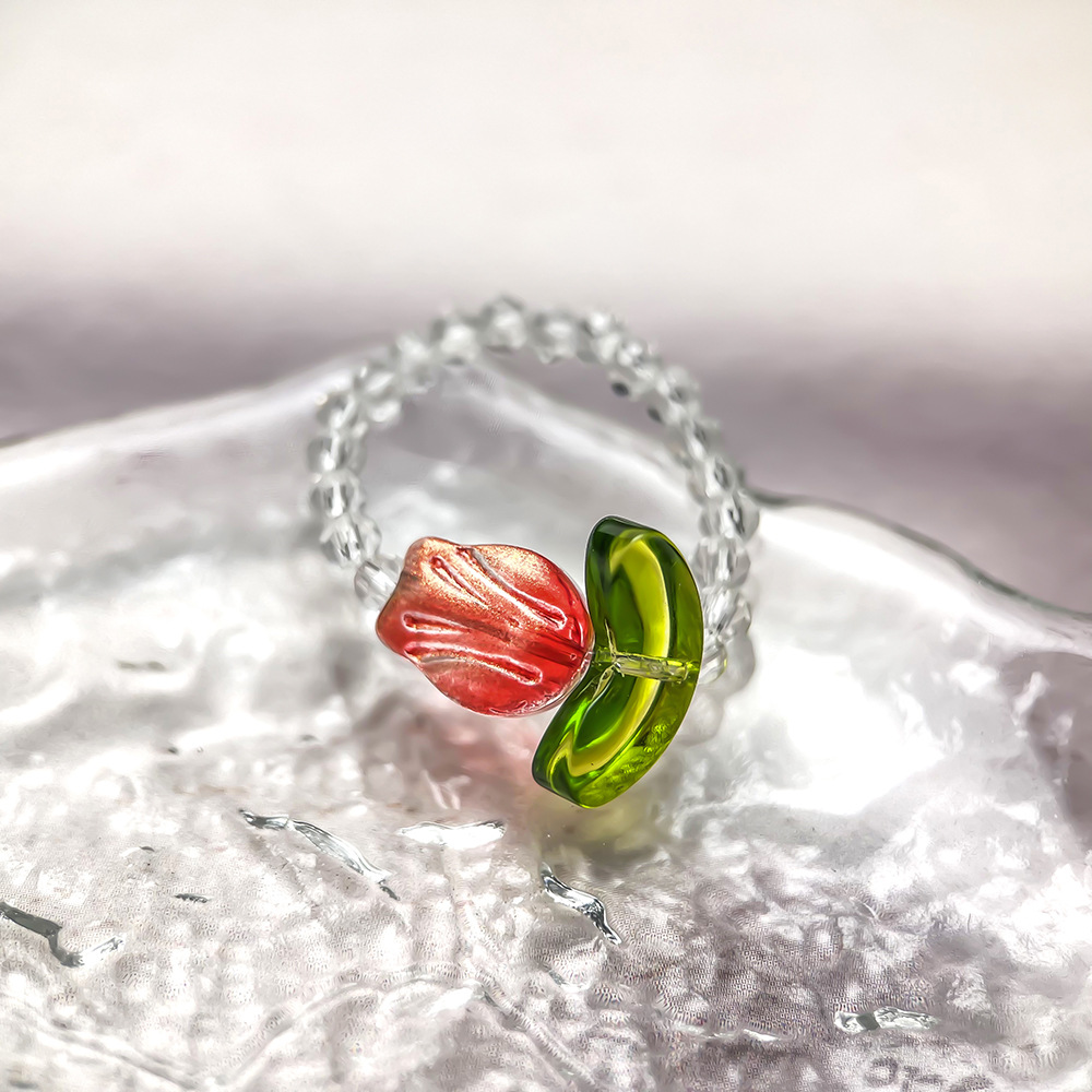 Glass Flower Tulip Stretch Ring, Minimalist Band, Hyuna Feng Shui Crystal Jewelry