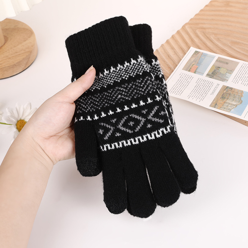 Knitted Jacquard Touch Screen Warm Gloves Women Autumn Winter Men Outdoor Fleece-Lined Thick Anti-Cold Full-Finger Knitted Gloves