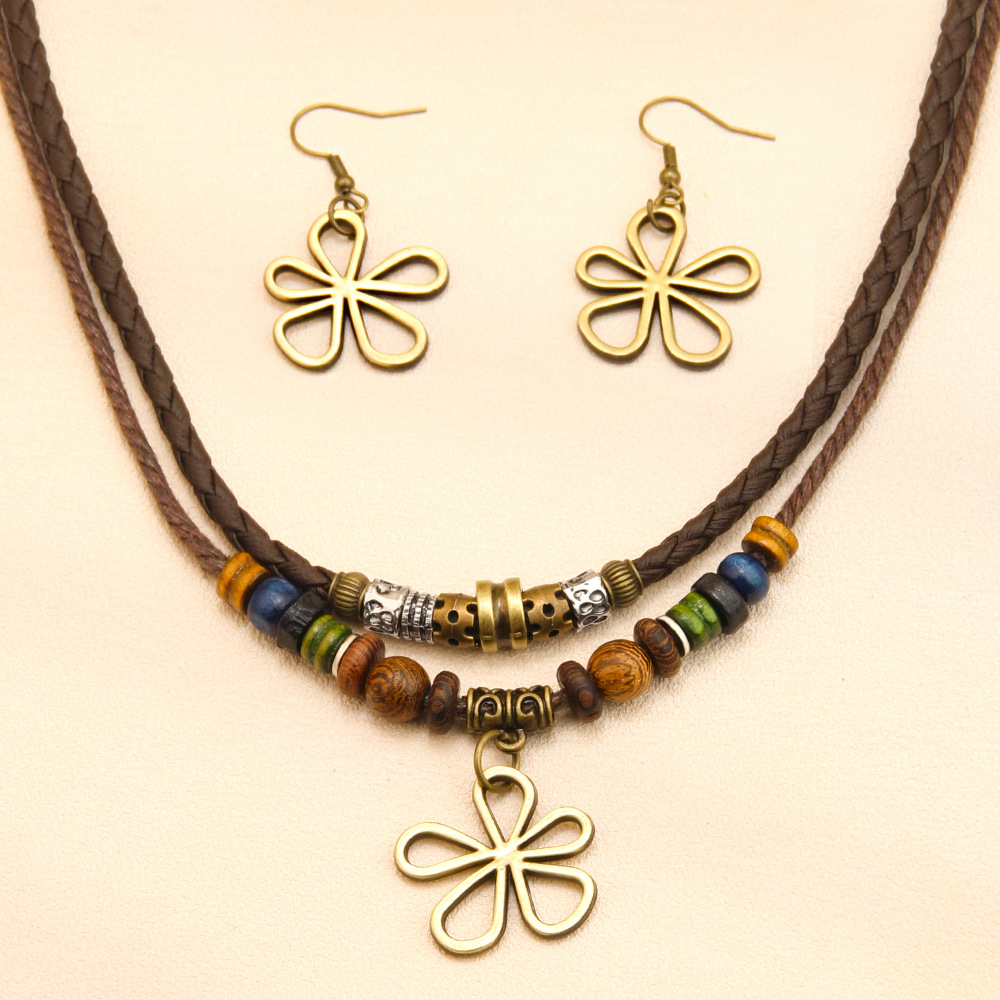 Five-leaf Clover Beaded Wax Rope Necklace Sweater Chain Earring Necklace Set