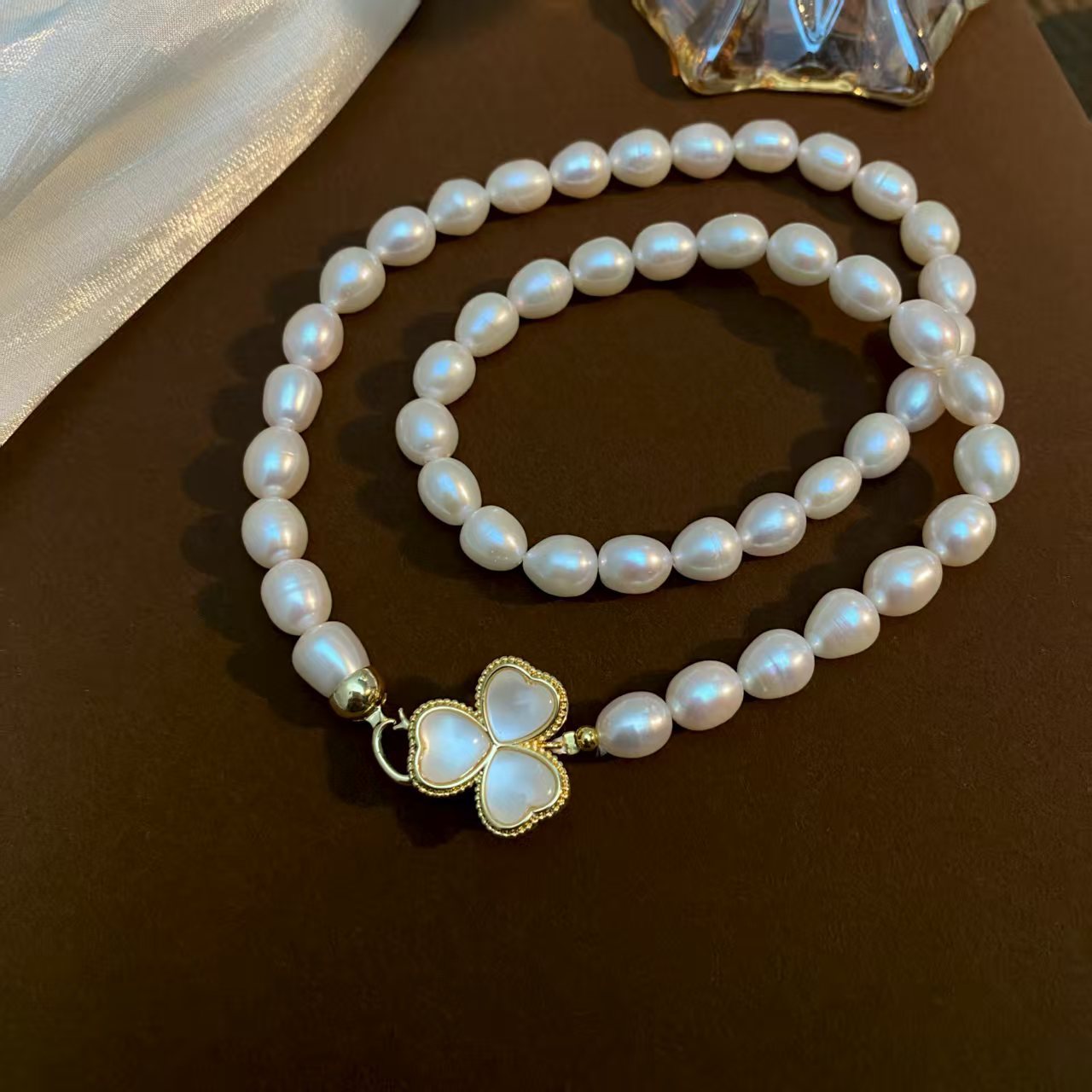8-9mm large-size natural freshwater pearl clover necklace for women, collarbone chain, neck chain