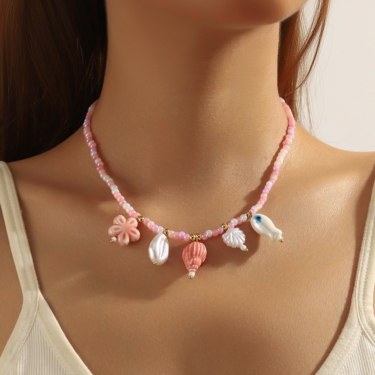 Jewelry colorful rope woven ocean style shell starfish ceramic fish pendant Bohemian summer necklace