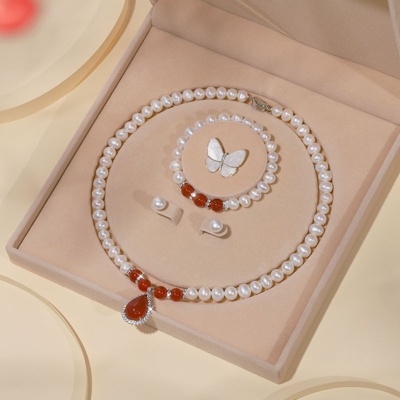 Zhuji Natural Freshwater Pearl Necklace for Women S925 Sterling Silver Three-Piece Set Clavicle Chain Set Mother's Day Gift