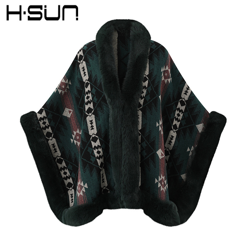 Autumn and Winter Large Loose Imitation Rabbit Fur Collar Split Knit Sweater Women's Poncho Cape Warm Cape Coat