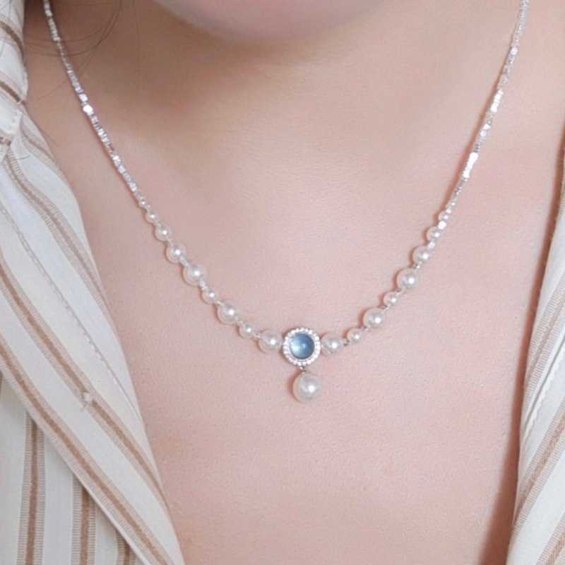 Aquamarine Pearl Necklace for Women, Teardrop Pendant Necklace for Women, Spring Summer Neck Accessories
