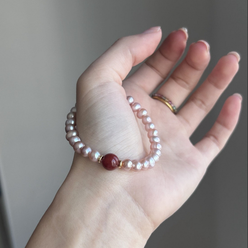 Natural freshwater pearl cinnabar bead bracelet women's purple gold sand whitening layered bracelet