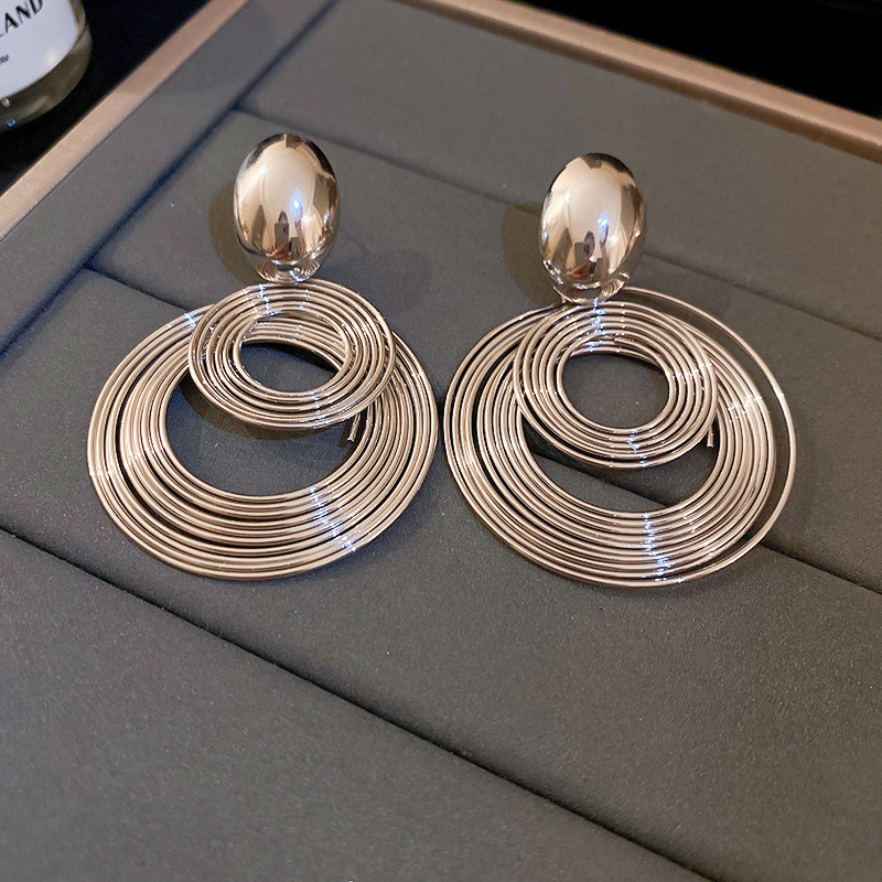 Exaggerated Metallic Multi-Layer Circle Silver Needle Earrings Geometric Earrings for Women