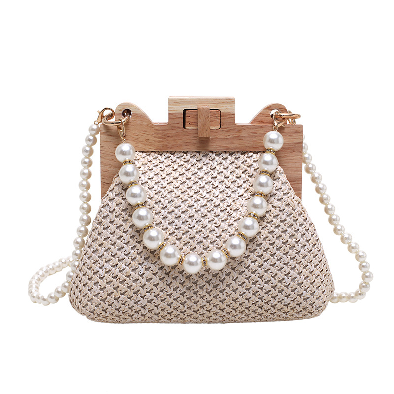 Summer beach seaside vacation pearl chain wooden clip hand-woven bag fresh shoulder handbag for women