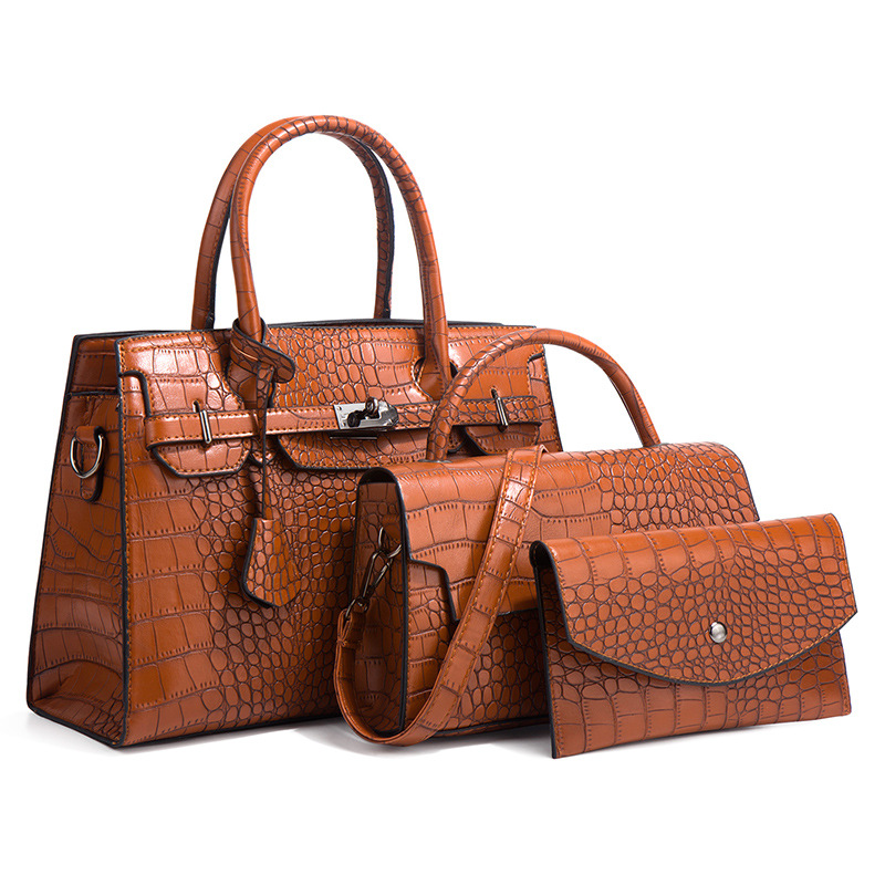 2026 new autumn winter crocodile pattern handbag crossbody bag large capacity three-piece set mother-child bag