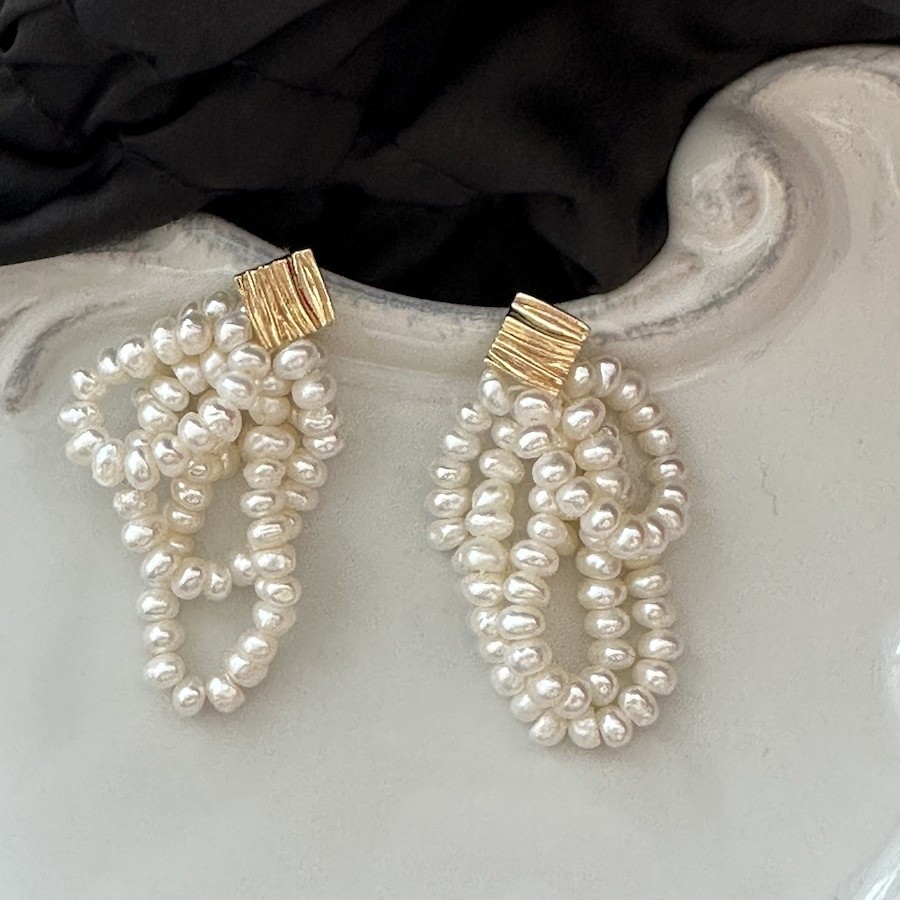 Hand-woven tassel natural multi-layer freshwater pearl S925 silver ear pin