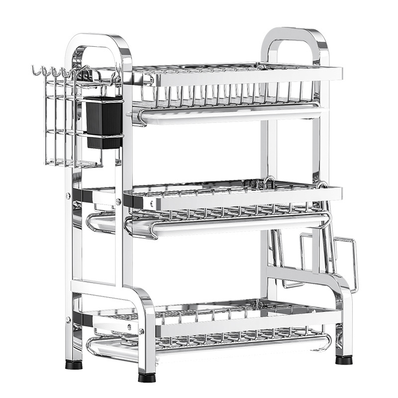 Stainless steel bowl rack three-layer bowl dish draining rack kitchen storage rack bowl plate storage rack multifunctional countertop bowl cabinet