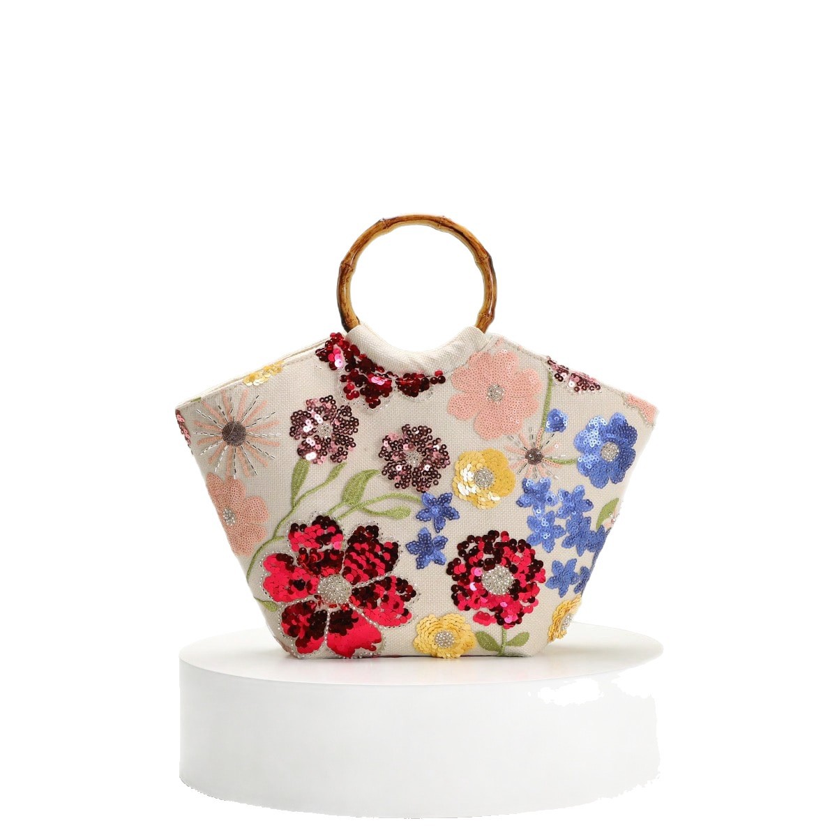 Seaside Vacation Style Bag Women's New Embroidery 3D Applique Sequins Flower Bamboo Knot Handle Bag Elegant Tote Bag