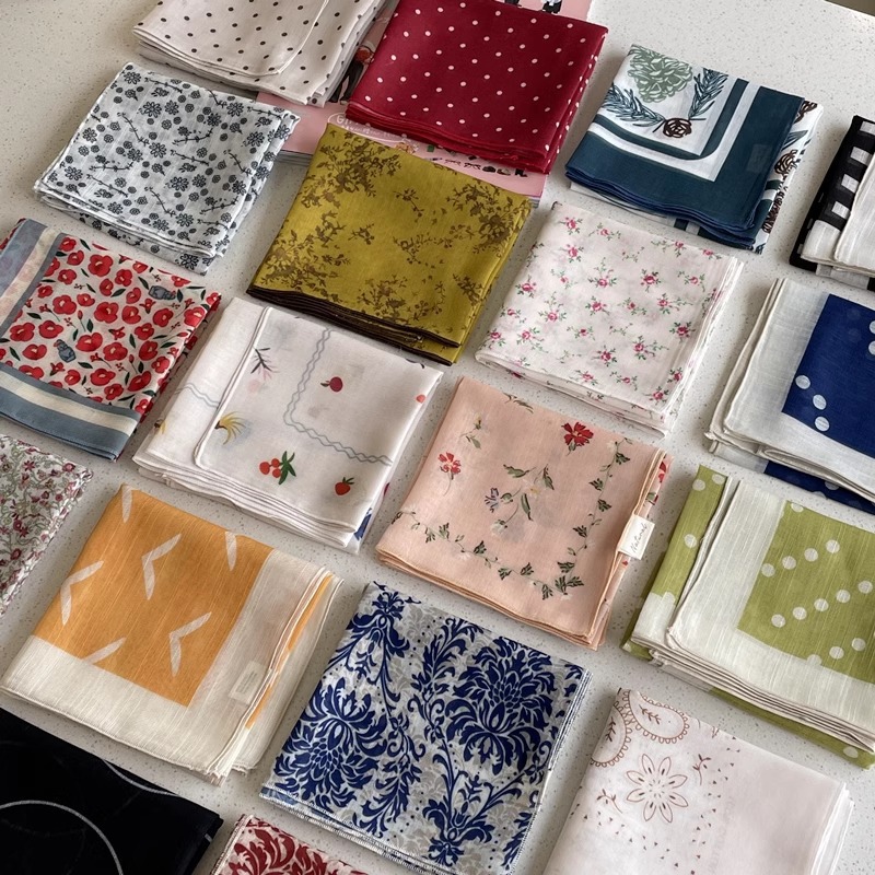 Cotton-linen square scarf collection ~ super many floral and polka dot neck scarf, forest style headscarf, hairband, bag for women