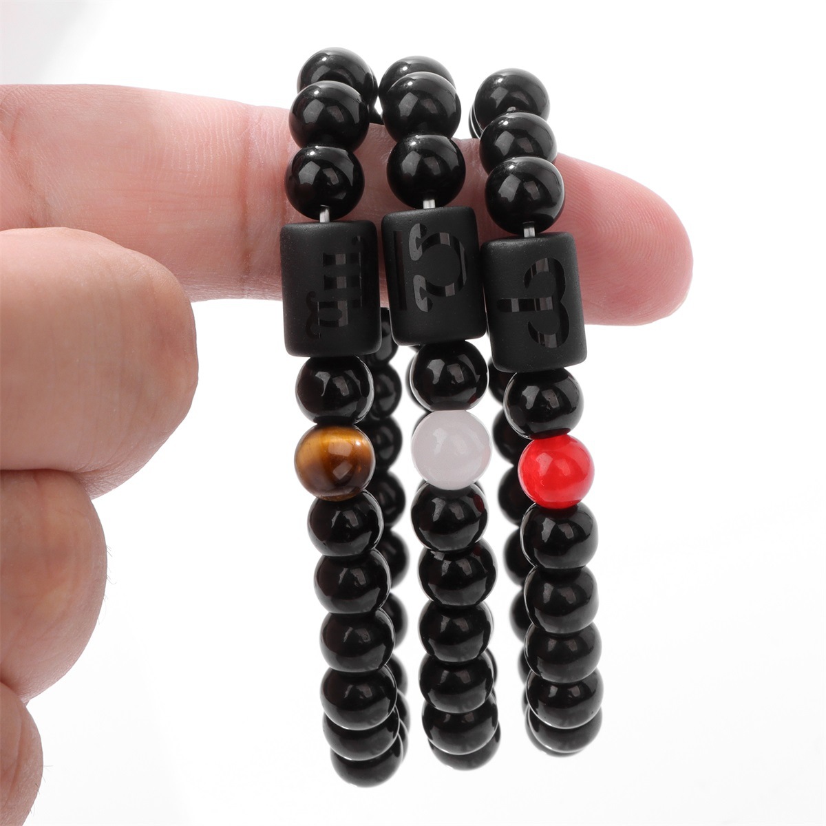 Twelve zodiac bracelet for men shiny black beads elastic rope unisex bracelet