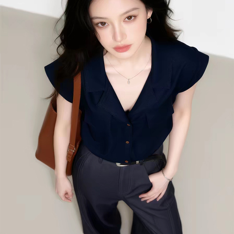Navy Blue Turn-Down Collar Short-Sleeve Shirt Summer 2026 Women's Office Top