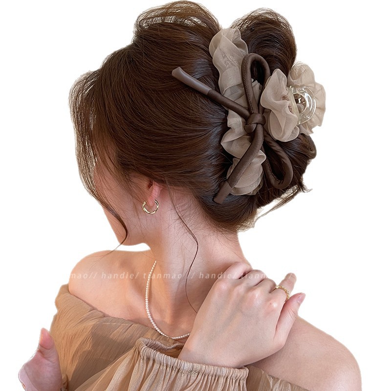 Mesh bow claw clip for women 2026 new hair clip for thick hair back of head shark clip summer hair accessory