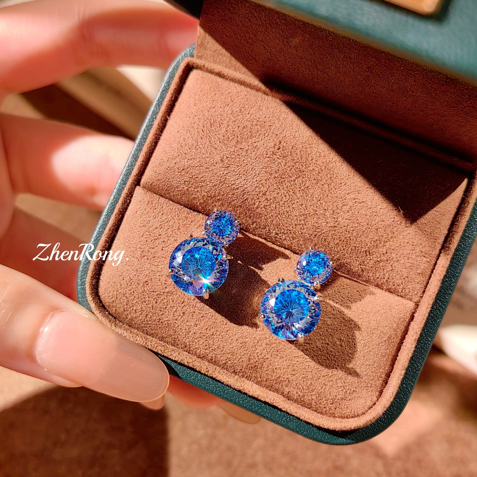 炫彩 pink diamond color gem set brilliant fire cut Paraiba pendant open ring Tanzanite blue earrings women copper