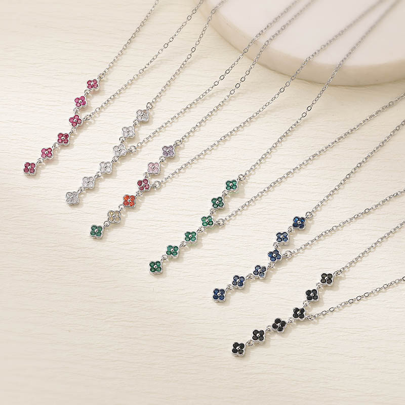 Copper Inlaid Colorful Diamond Four-Leaf Clover Necklace Unique Super Shiny Four-Leaf Flower Tassel Clavicle Chain Choker